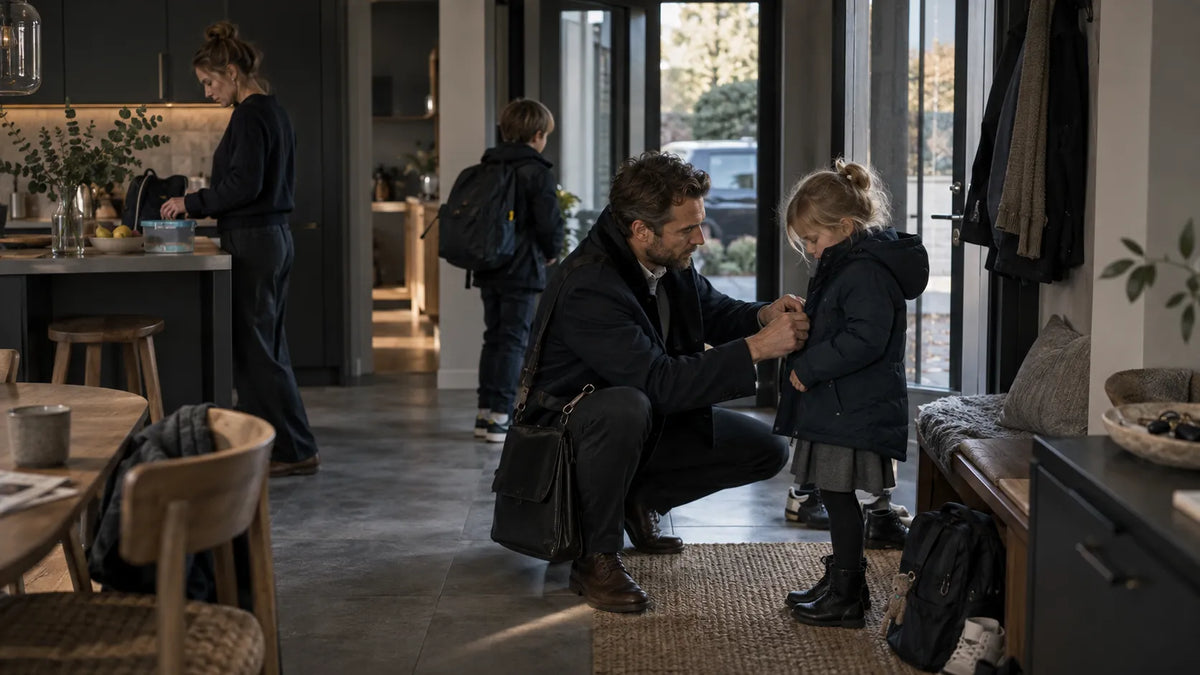 Working father helping his child during an ordinary weekday family routine.