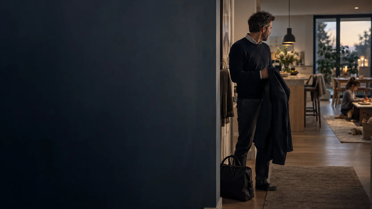 Father arriving home from work and reflecting on how his job affects family life