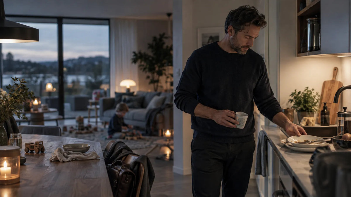 Father reflecting quietly after a difficult but ordinary moment during the family evening.