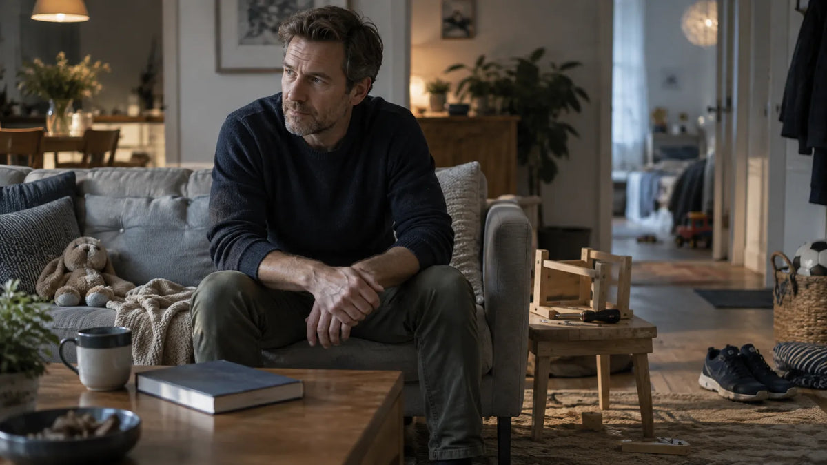 Father pausing during a rare period of free time while deciding what he actually wants to do.
