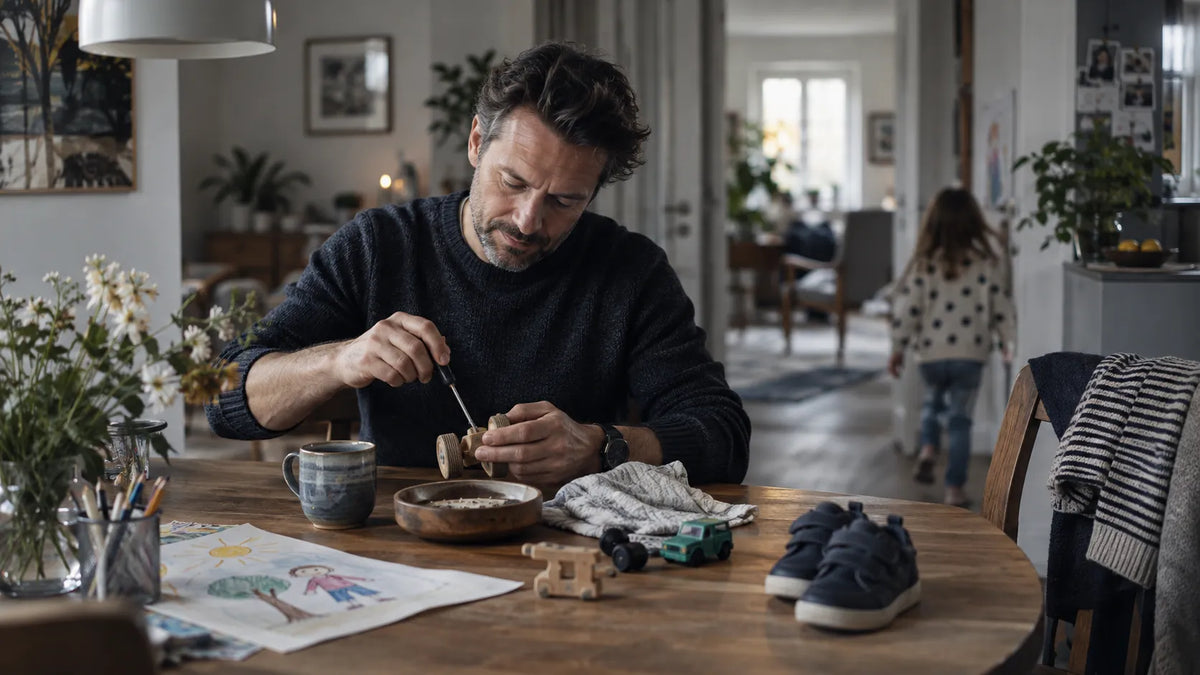 Father quietly enjoying a personal interest at home while everyday family life remains visible around him.