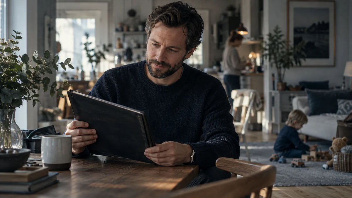 Father considering an object connected to an earlier ambition while ordinary family life continues around him.