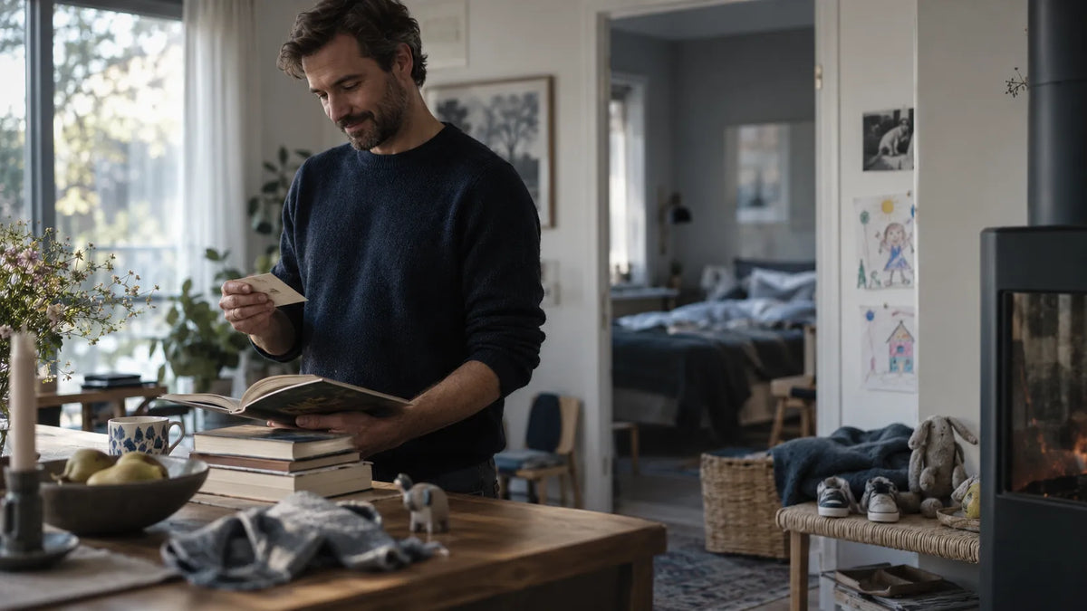Father quietly noticing a reminder of life before children while everyday family life remains visible around him.
