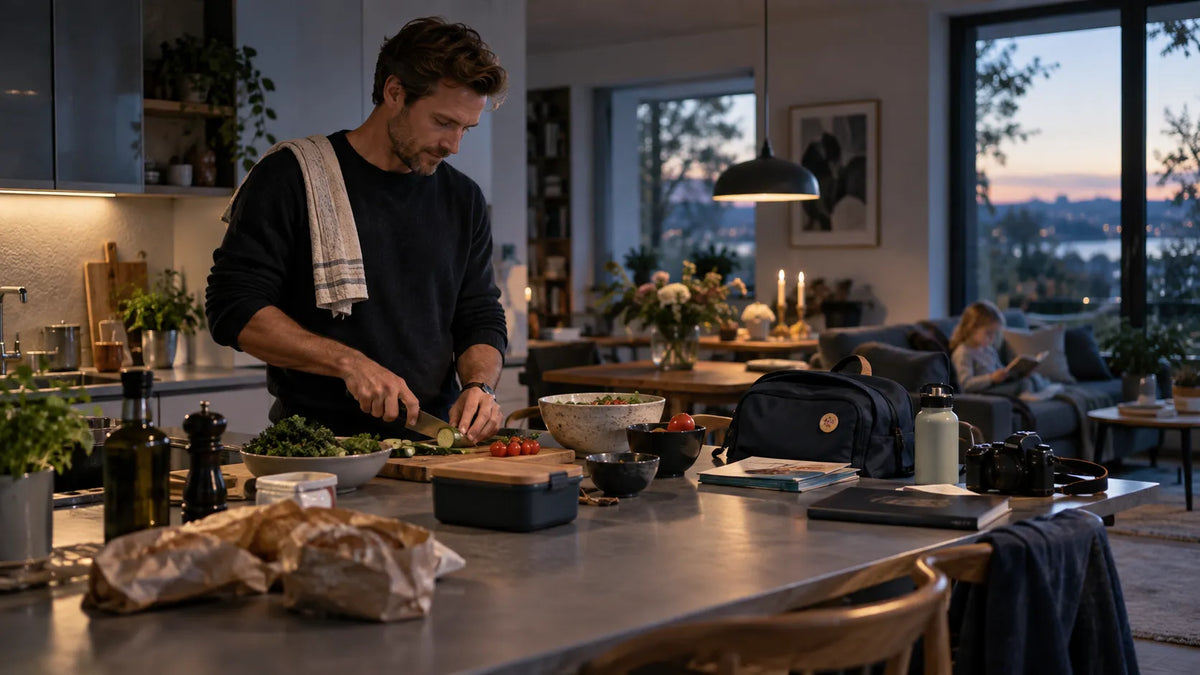 Father moving between work and everyday family responsibilities at home with a personal interest sitting quietly nearby.