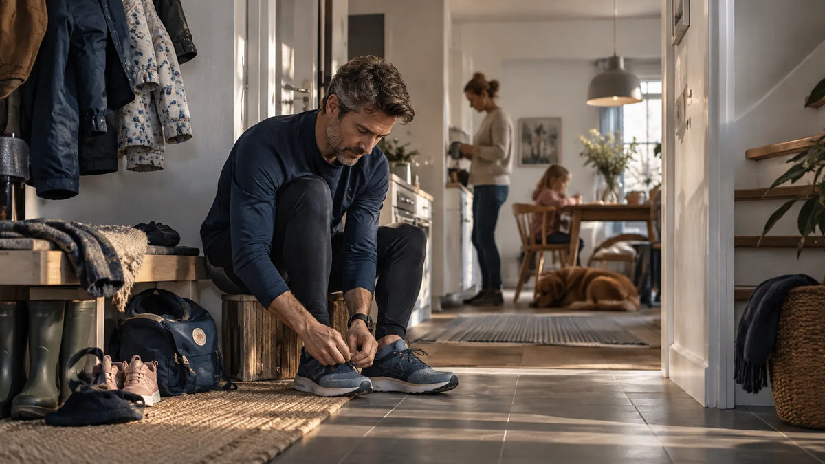 Father preparing for a personal activity at home while everyday family life remains present around him.