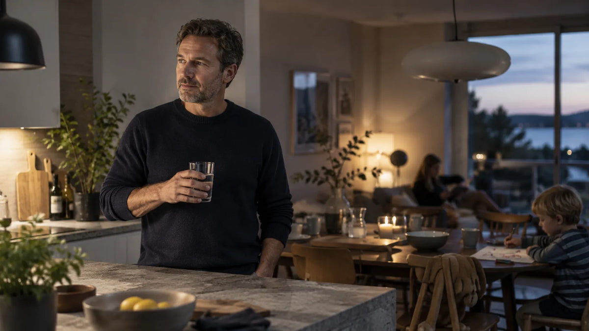 Father pausing briefly during an ordinary family evening and noticing his own state before continuing.