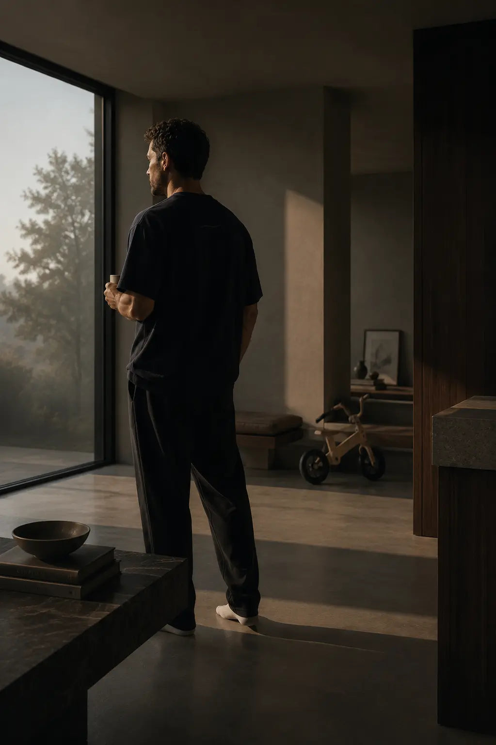 Modern father standing in a minimalist home wearing a dark navy BRTLS CORE outfit in soft morning light