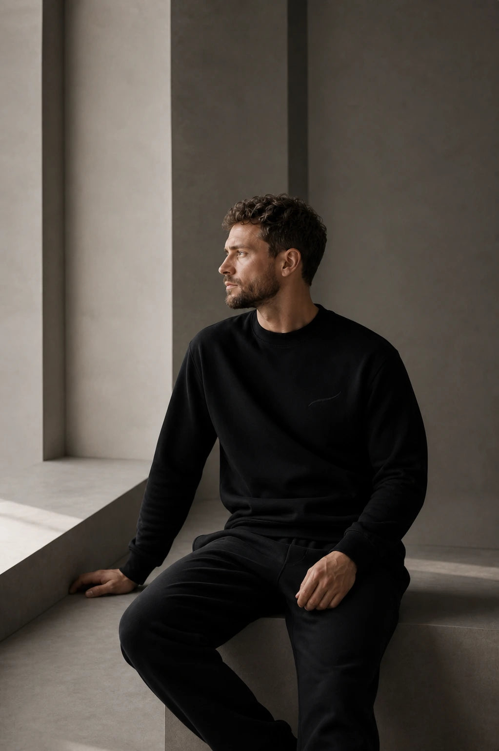 Modern man wearing the BRTLS Core Sweatshirt Black in a minimalist architectural setting
