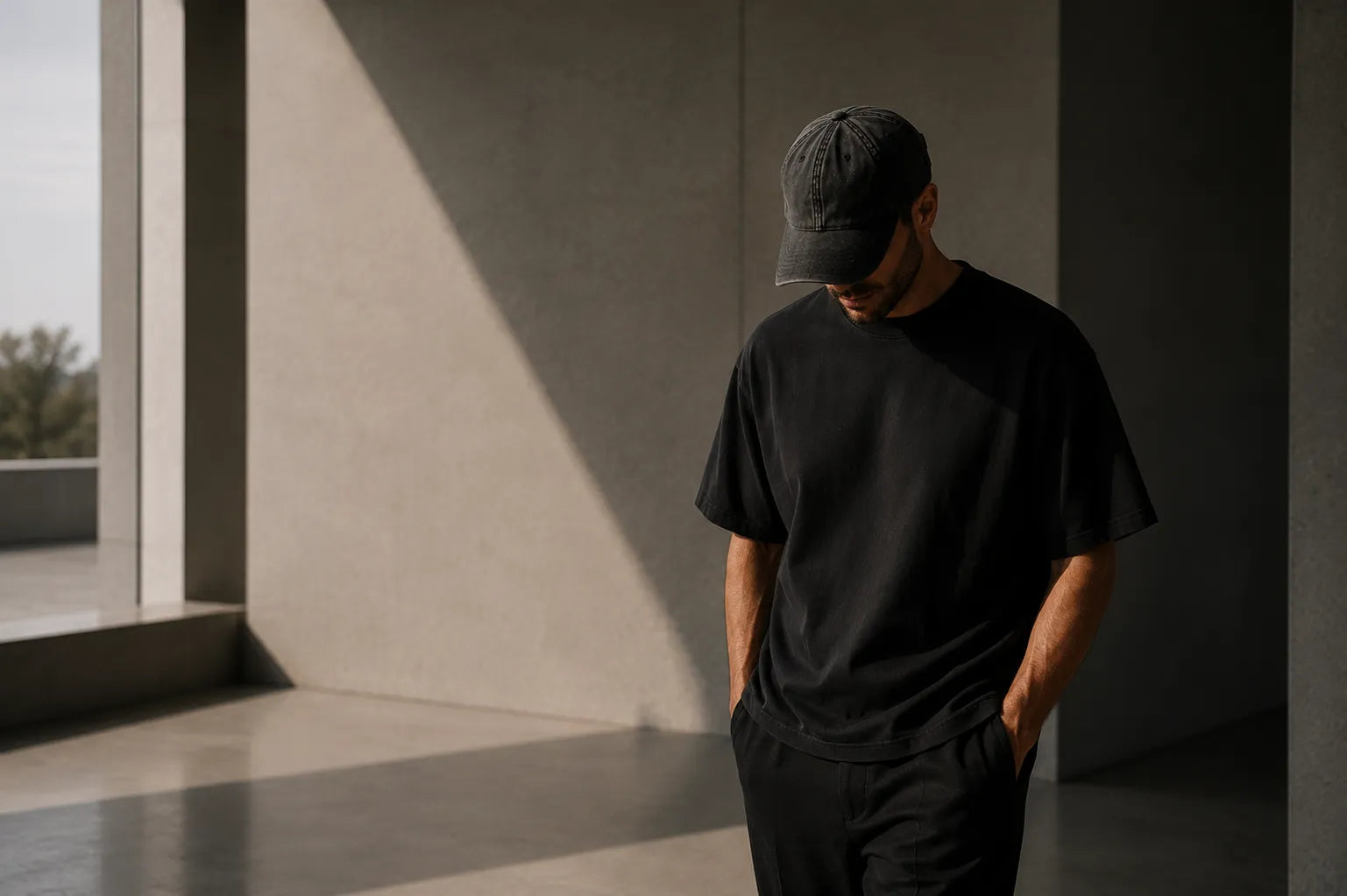 Moderne man met zwarte BRTLS Core Cap en Core Tee in minimalistische architectuur met lange schaduwen en luxe Scandinavische uitstraling.