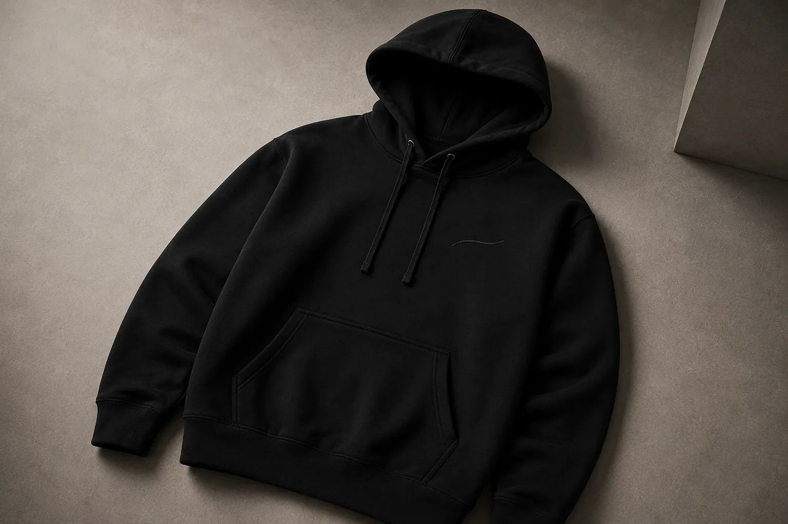 Close-up view of the BRTLS Core Hoodie Black showcasing premium heavyweight fabric, tonal embroidery and refined construction details