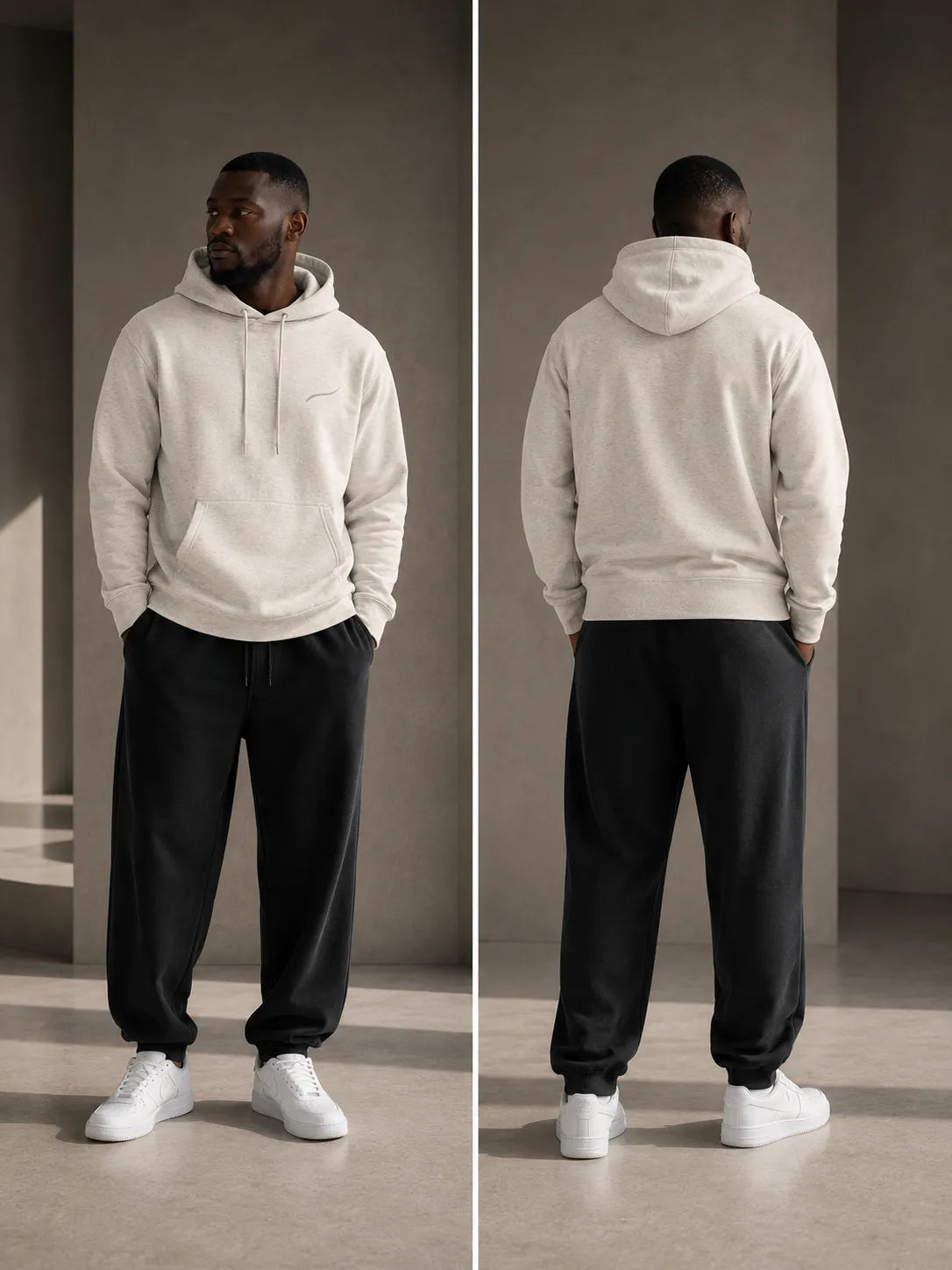 Man wearing the BRTLS Core Hoodie Bone showcasing the relaxed fit and modern everyday silhouette