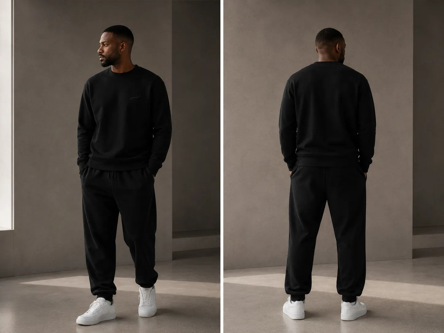 Man wearing the BRTLS Core Sweatshirt Black showcasing the comfortable regular fit and structured silhouette designed for everyday wear.