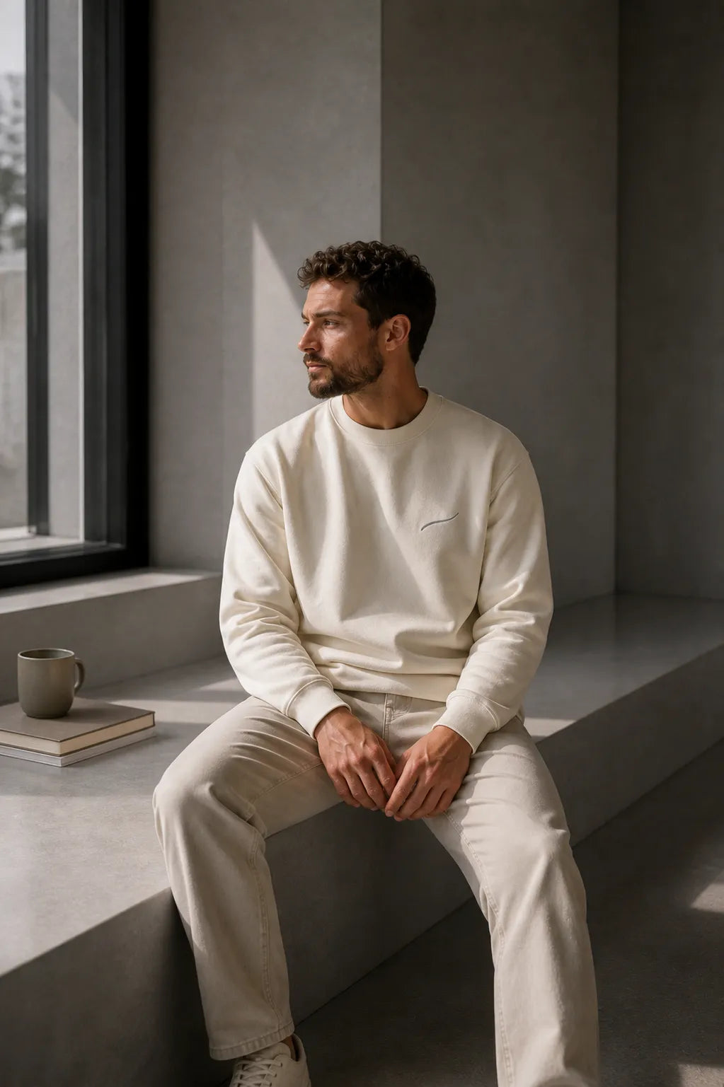 Editorial lifestyle portrait featuring the BRTLS Core Sweatshirt Bone in a calm architectural environment inspired by intentional living and modern masculinity.
