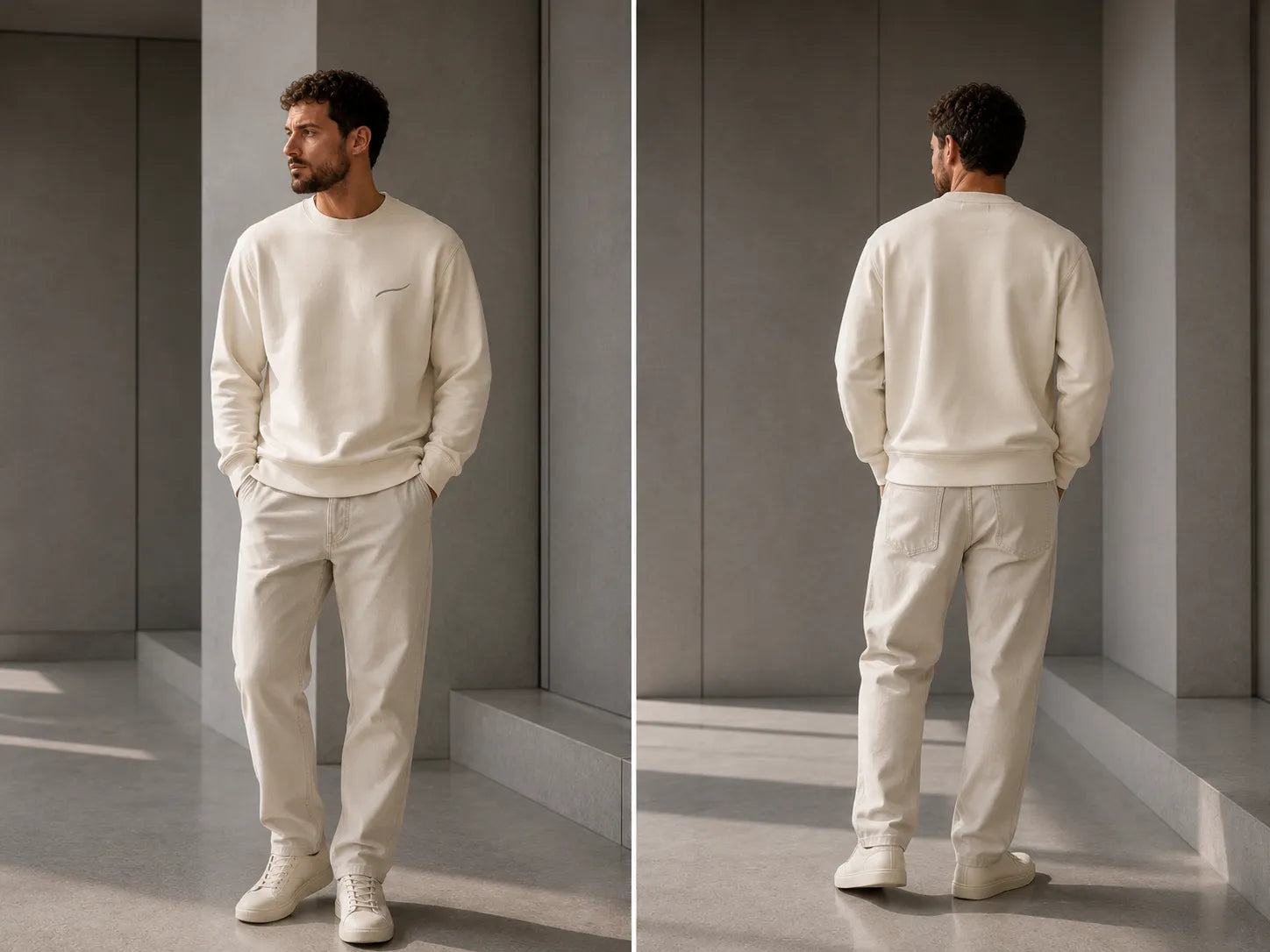 BRTLS Core Sweatshirt Bone in premium heavyweight fleece met regular fit, getoond van voor- en achterkant in een minimalistische architectonische omgeving.