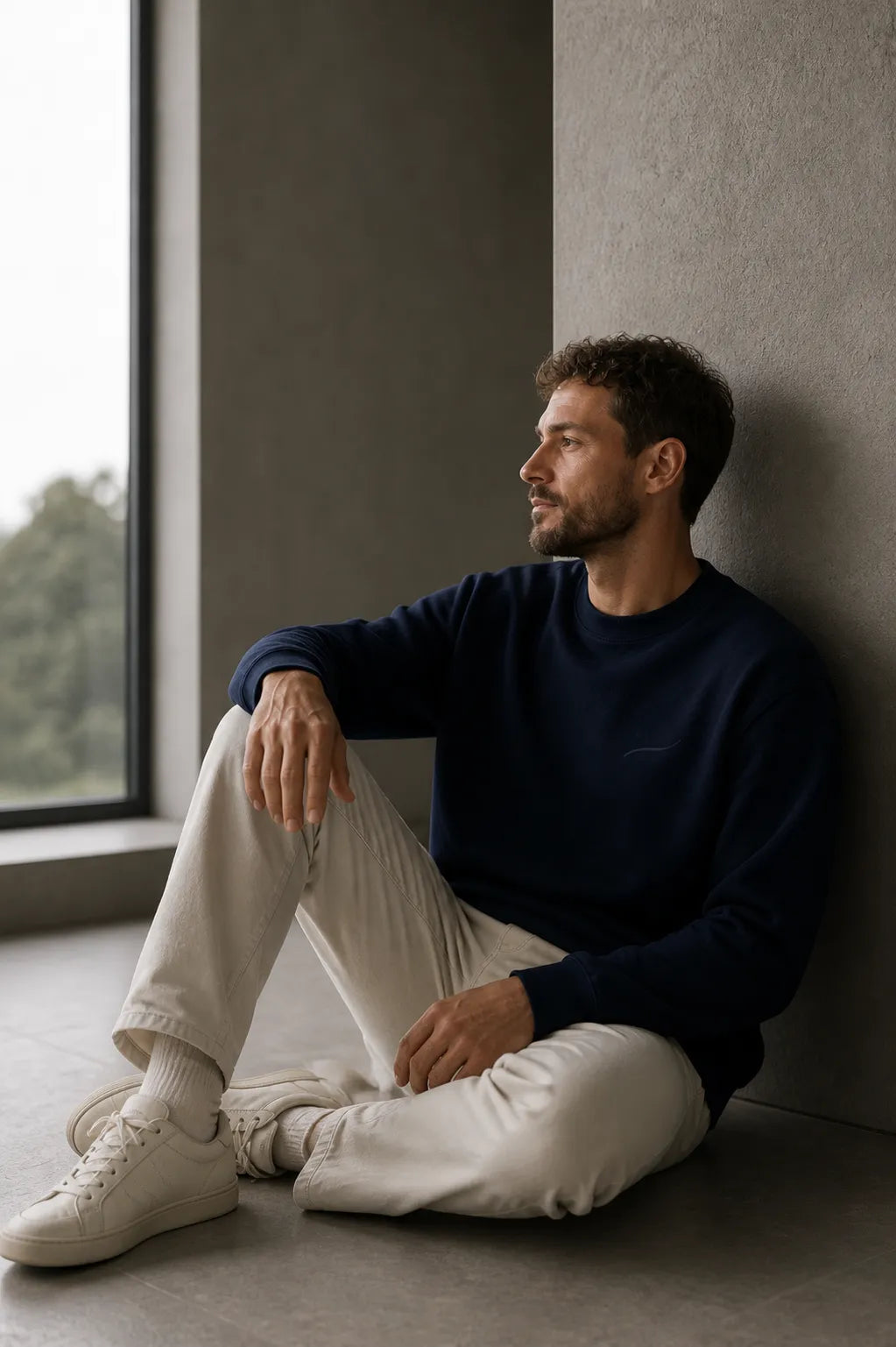 Editorial portrait of a man wearing the BRTLS Core Sweatshirt Navy in a calm architectural setting, reflecting modern fatherhood and intentional living.