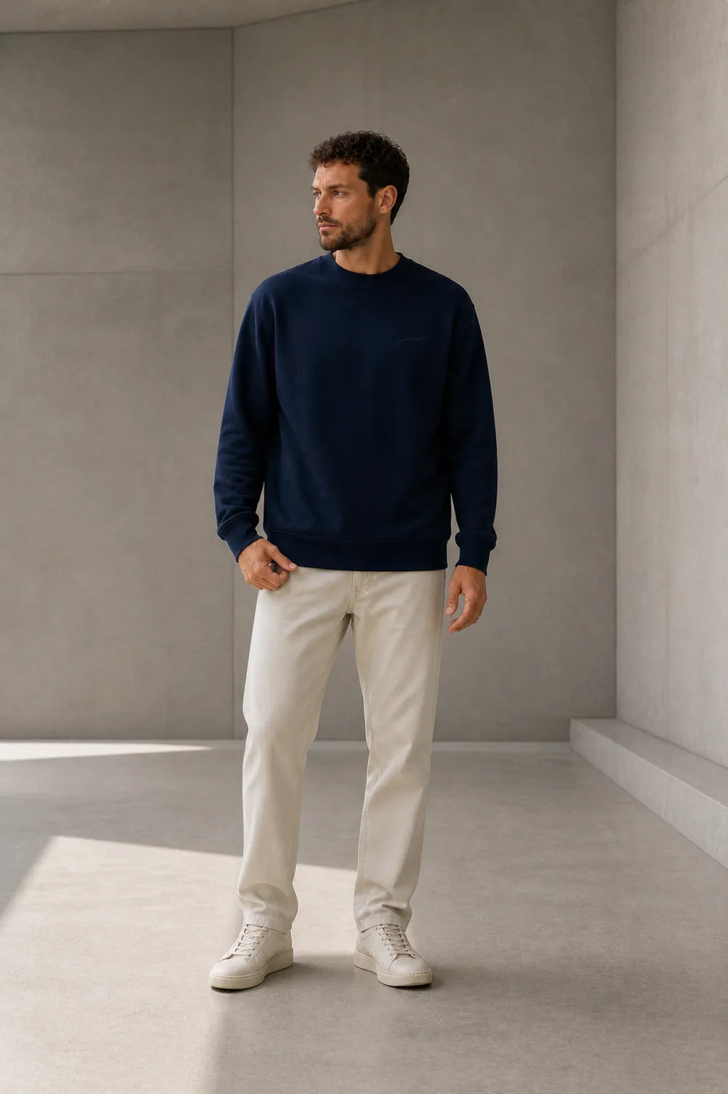 BRTLS Core Sweatshirt Navy displayed in full-body fit view with regular fit silhouette and clean minimalist styling.