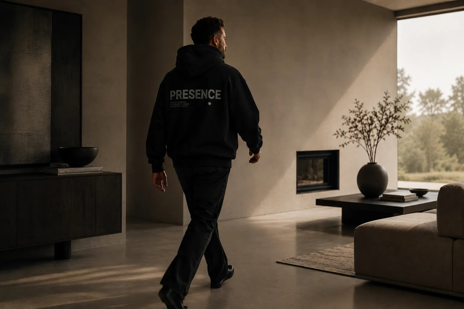 Modern man wearing the BRTLS Expressions hoodie in a minimalist Scandinavian interior with cinematic natural light