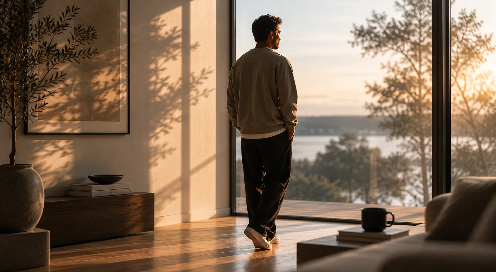Modern father in minimalist interior wearing refined BRTLS essentials during golden hour — cinematic lifestyle image representing intentional modern fatherhood.