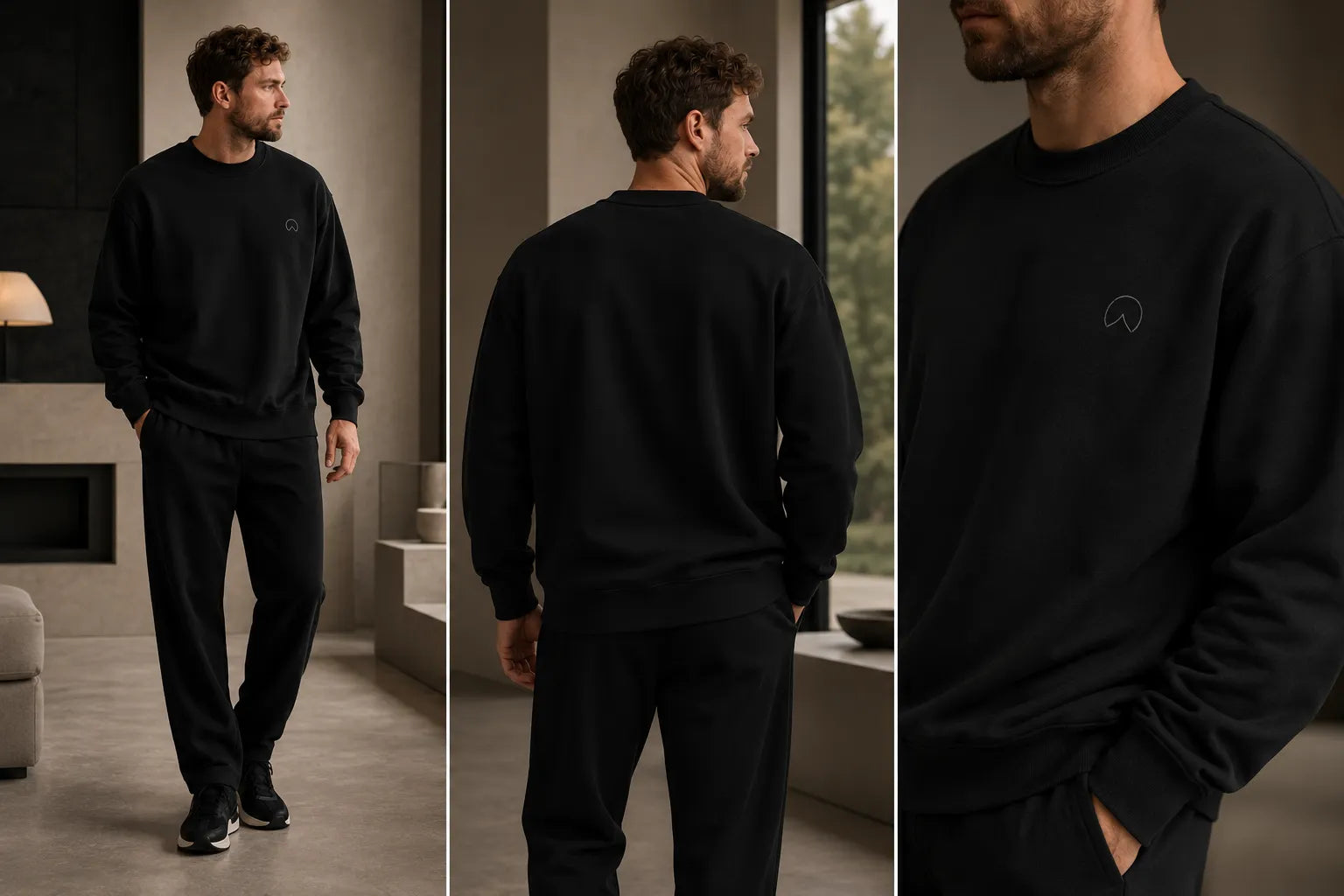 BRTLS Own Your Presence Black Sweatshirt worn by man in minimalist interior showcasing relaxed fit, premium cotton comfort and modern fatherhood aesthetic