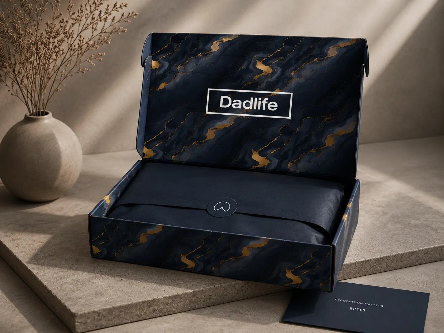 Premium BRTLS packaging experience met navy gift box en Presence hoodie presentatie in minimalistische quiet luxury setting