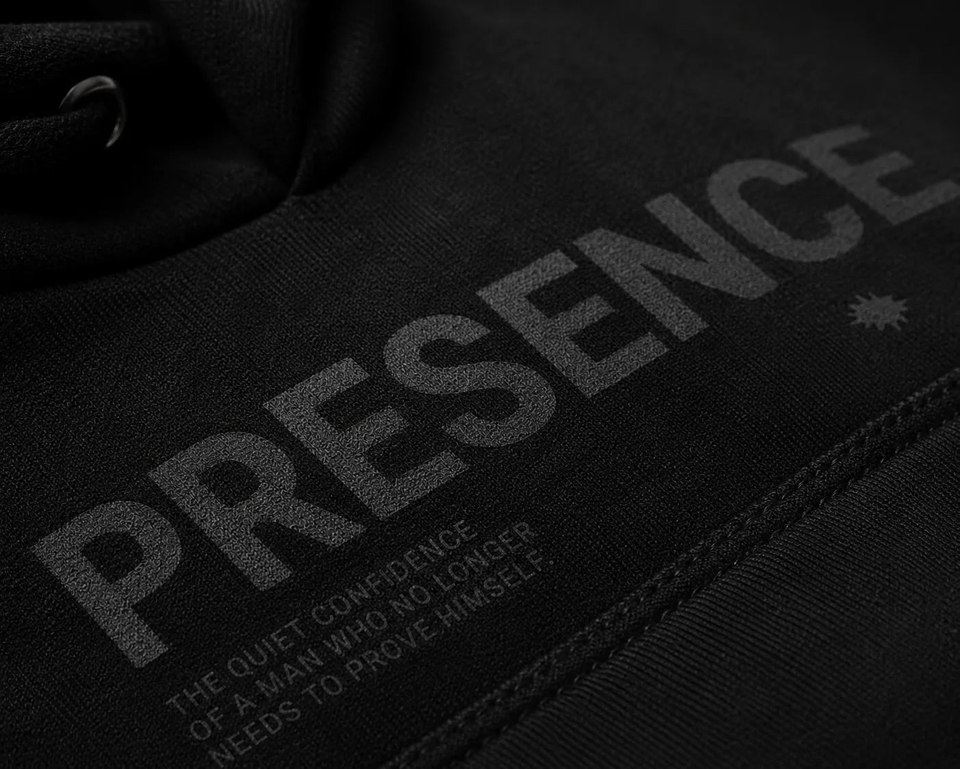 Close-up detail of tonal Presence artwork and heavyweight fabric texture on The Presence Hoodie Black by BRTLS