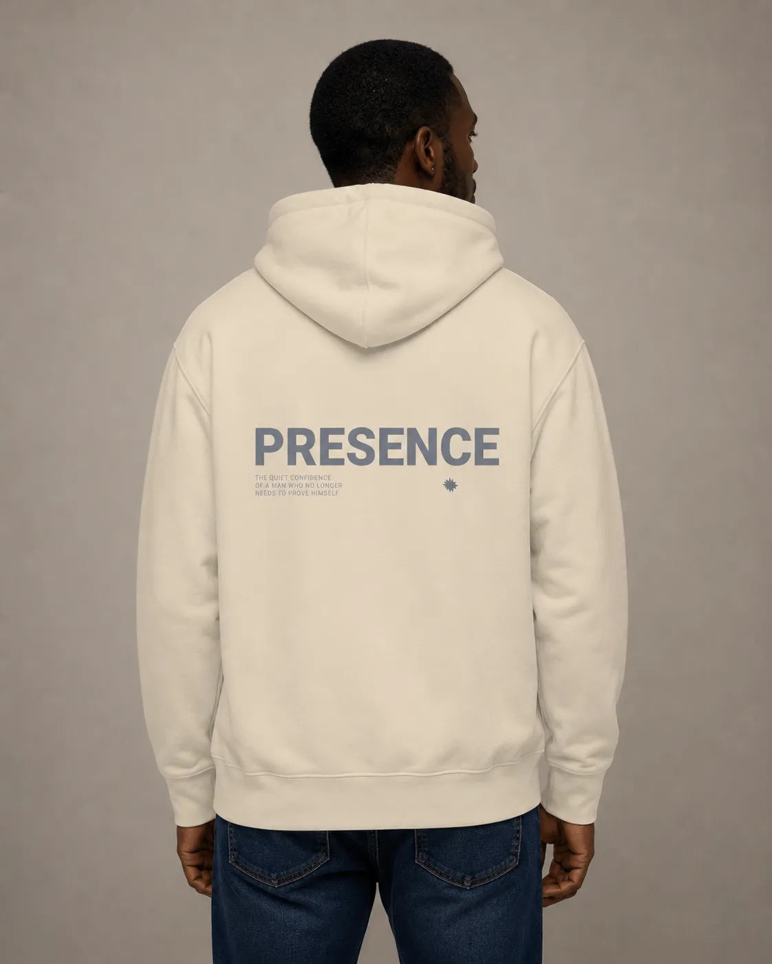 Back view of the bone BRTLS Presence Hoodie featuring tonal Presence artwork and premium oversized fit