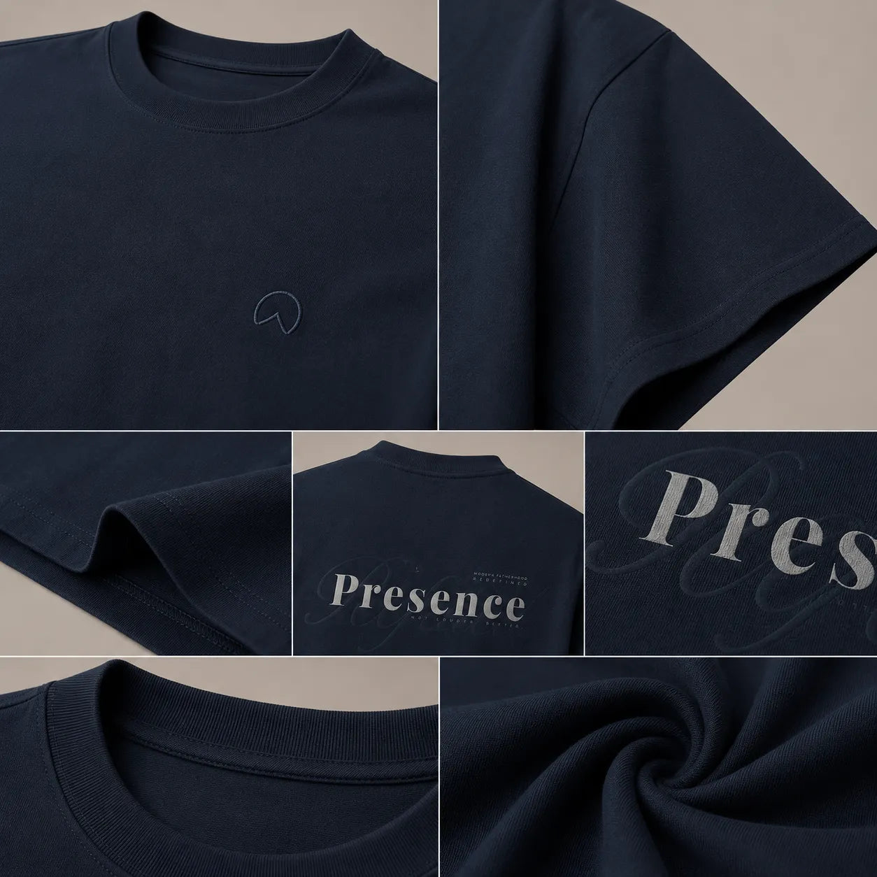 Editorial lifestyle image of the BRTLS Presence Refined Tee in Navy Blazer featuring an oversized relaxed fit, heavyweight premium cotton drape and refined modern fatherhood aesthetic in a minimalist interior.