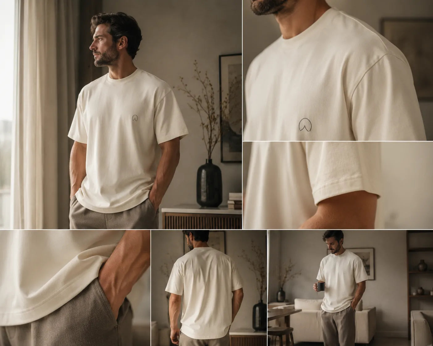 Editorial lifestyle image of a man wearing the BRTLS Presence Refined Tee in Vintage White featuring a relaxed oversized fit, heavyweight cotton drape and calm minimalist interior aesthetic inspired by intentional everyday living.