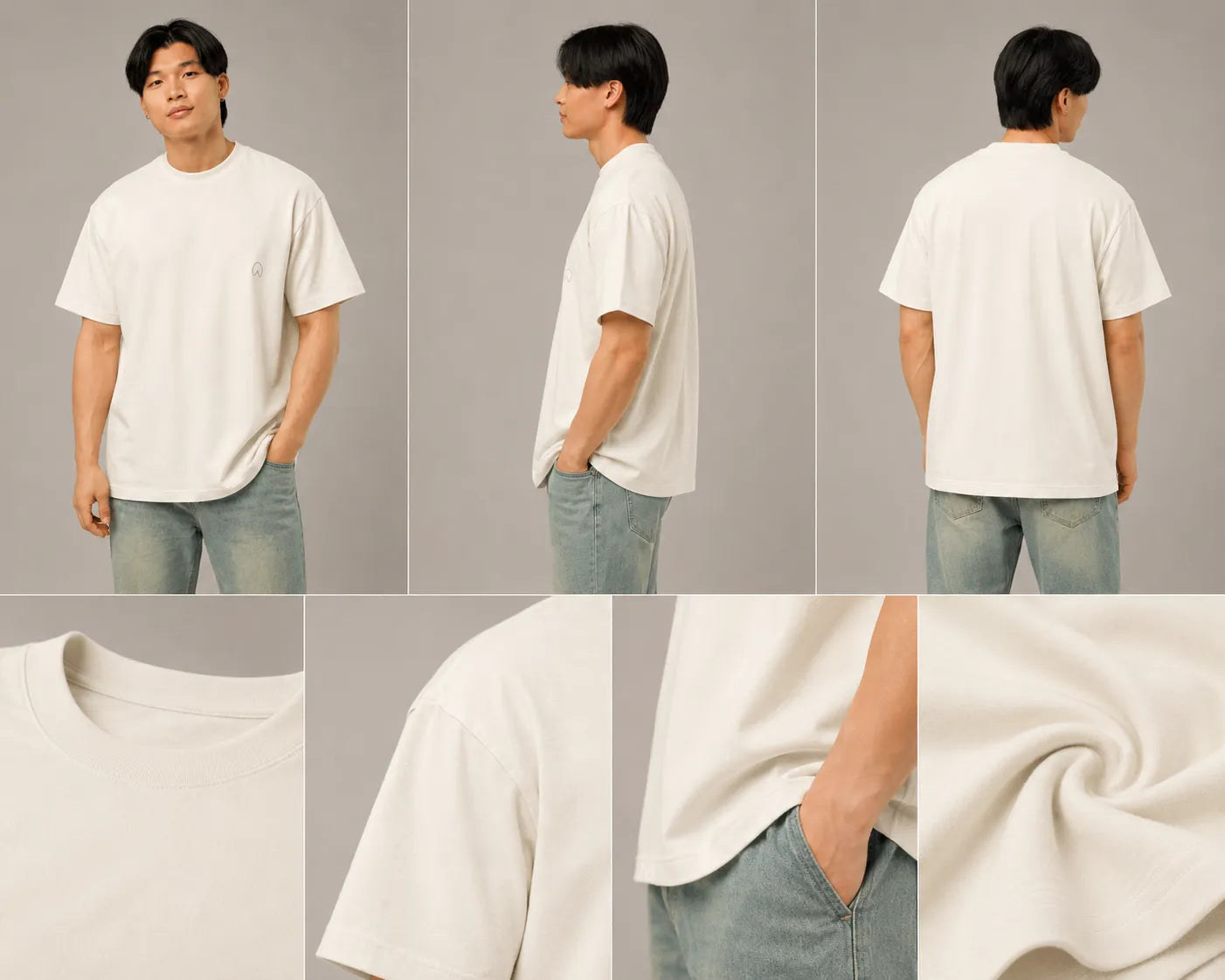 Studio collage of the BRTLS Presence Refined Tee in Vintage White showcasing the relaxed oversized fit, heavyweight premium cotton construction, refined sleeve drape and minimalist modern fatherhood aesthetic.