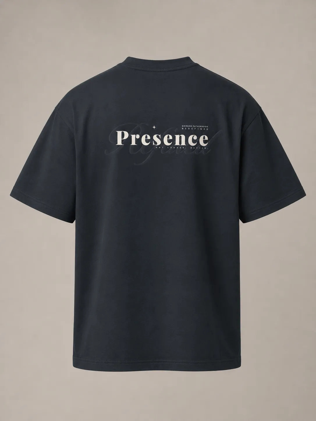 Back product image of the BRTLS Refined Presence Tee Navy Blazer featuring tonal Presence artwork and refined monochrome design