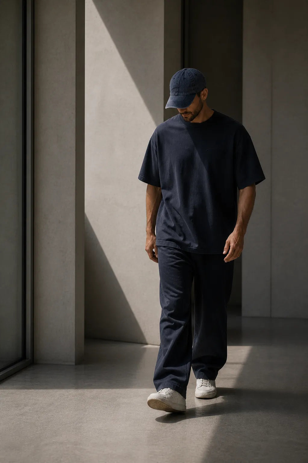 Premium washed navy dad cap in lifestyle movement photography