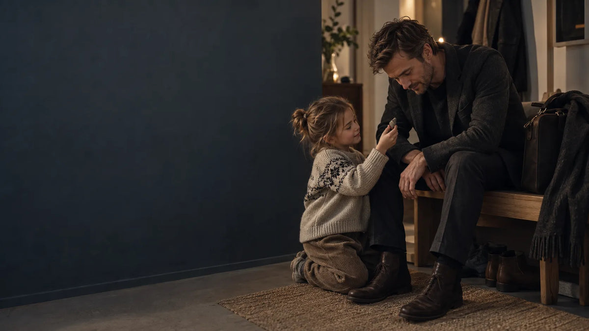 Father returning home after working long hours and spending time with his young child