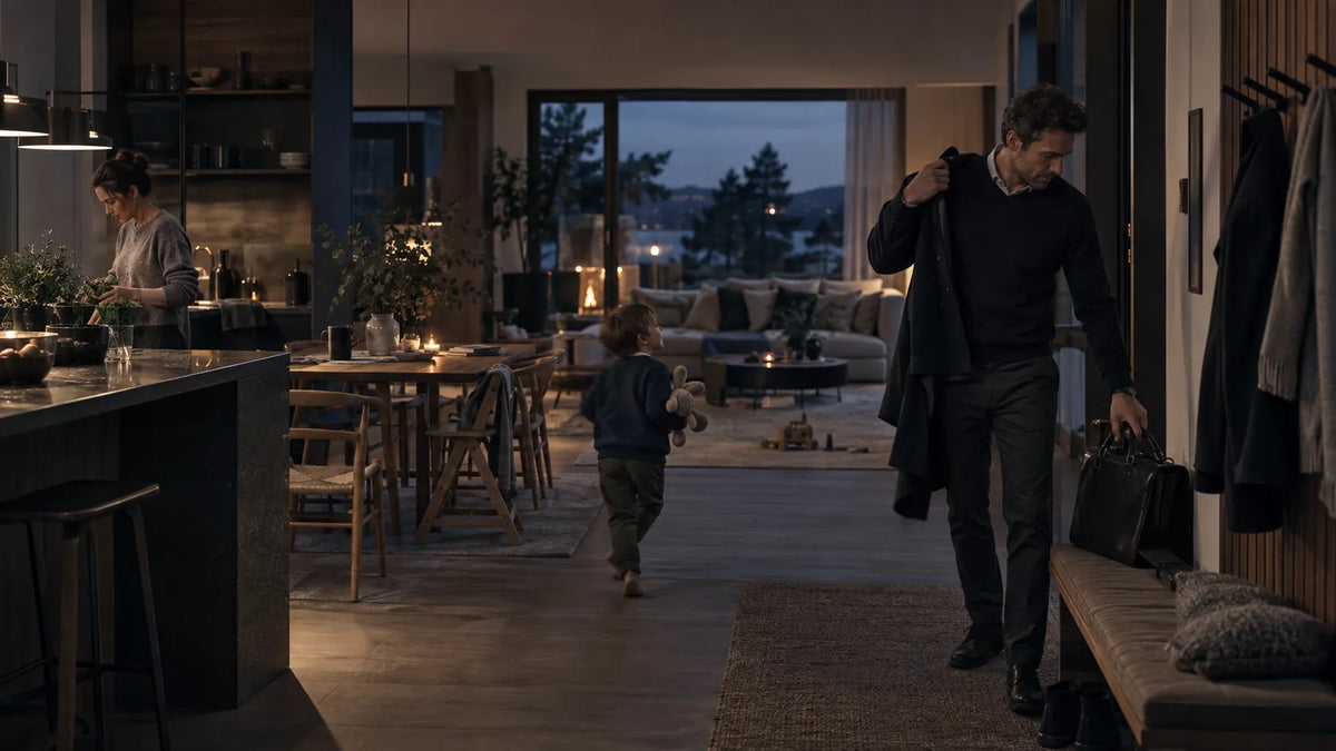 Father arriving home from work while still carrying visible tension from the working day.