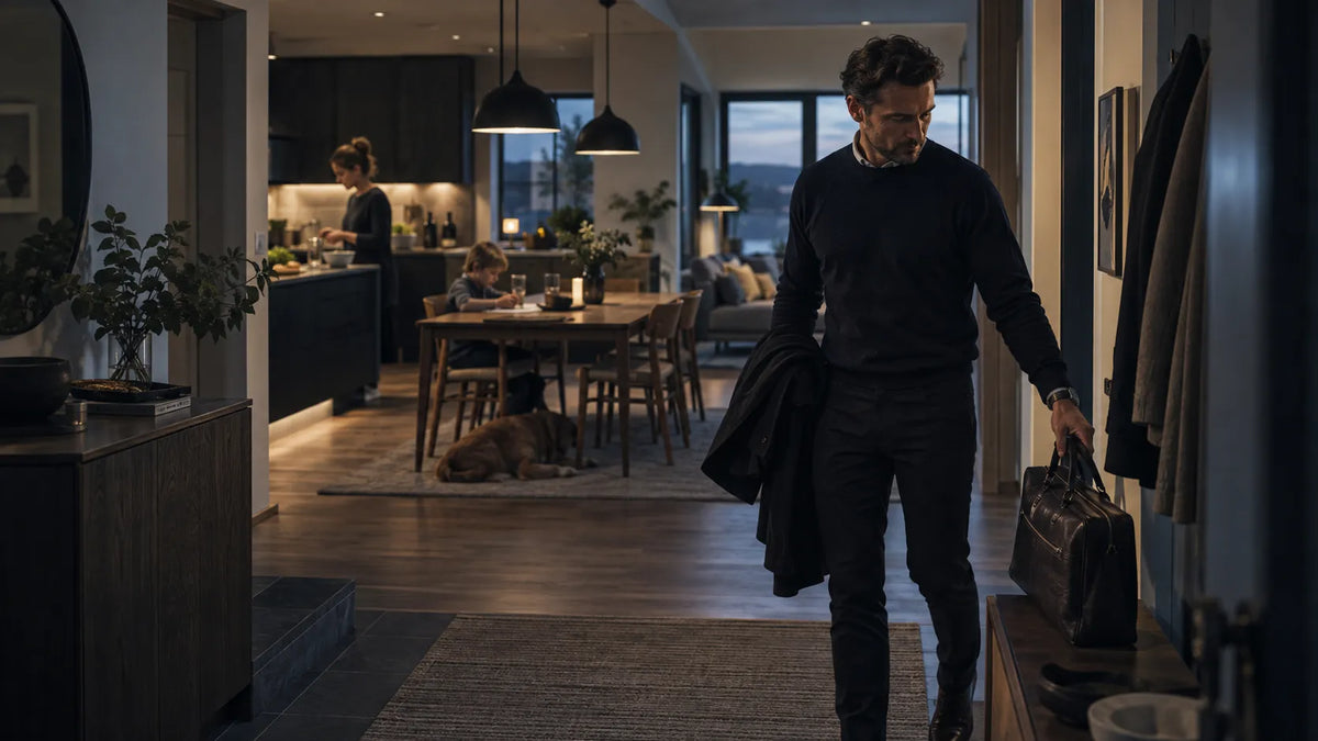 Father arriving home after work while family life continues around him.