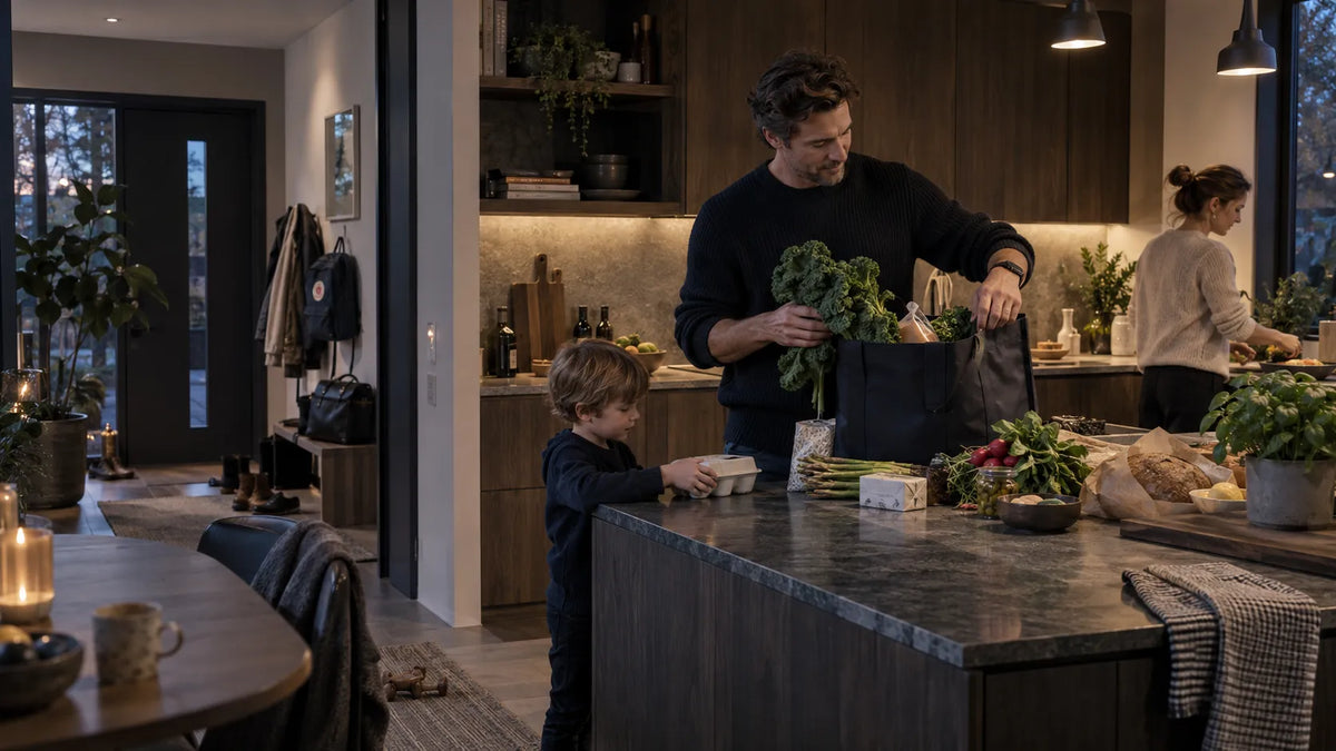 Father taking part in ordinary family life at home after work.