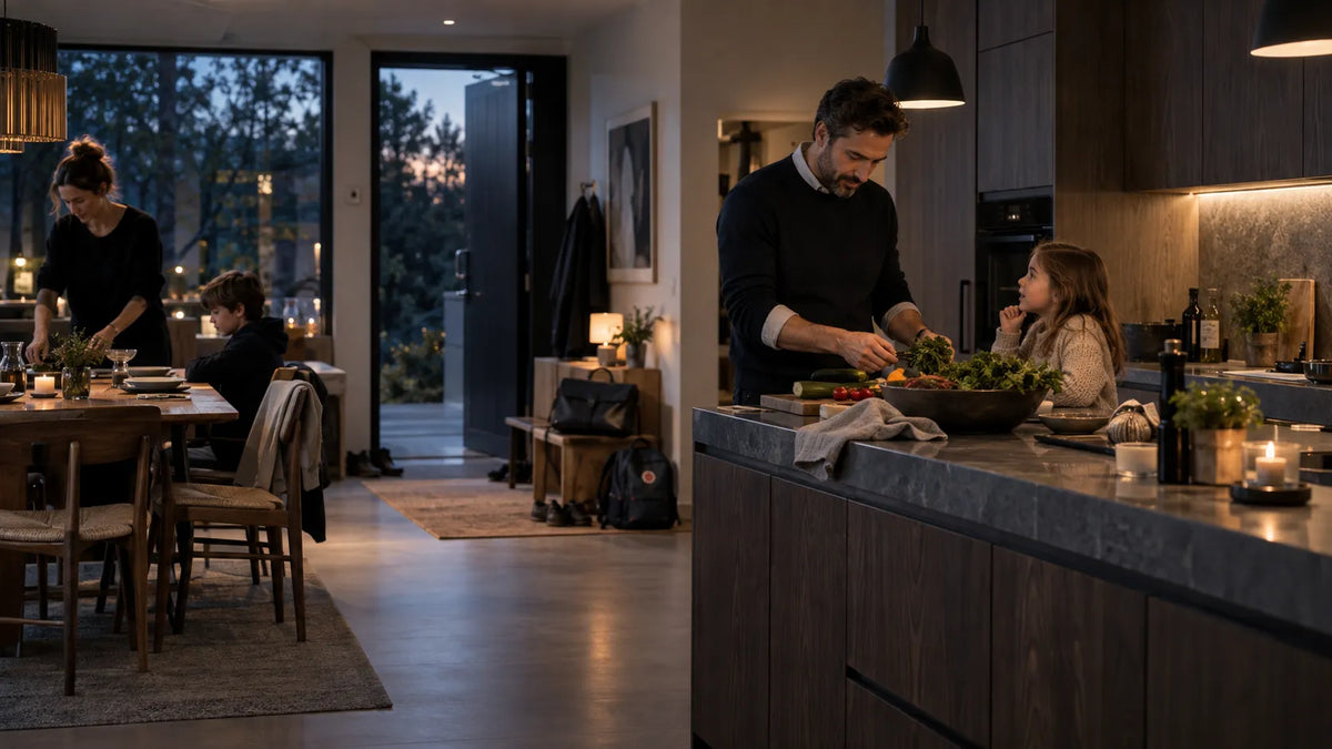 Father moving from his working day into ordinary evening family responsibilities at home.