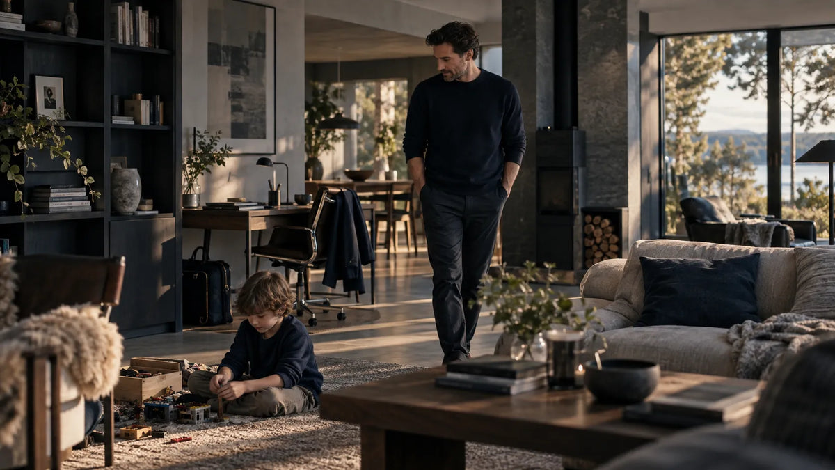 Father spending time with his child while reflecting on the place of work in family life.