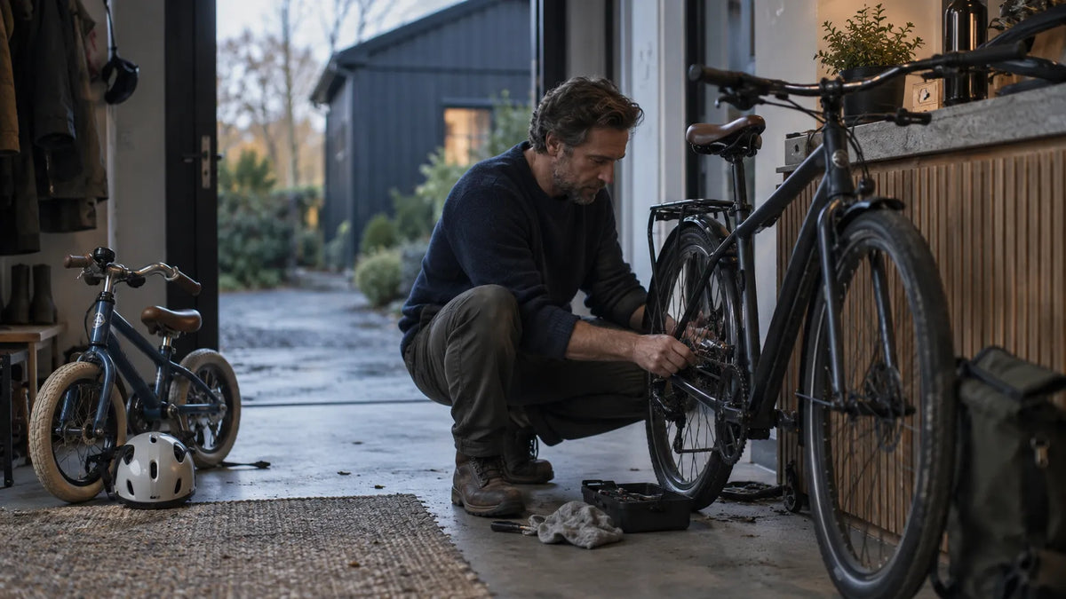 Father doing a familiar activity at home while subtle signs of his changed family life remain around him.