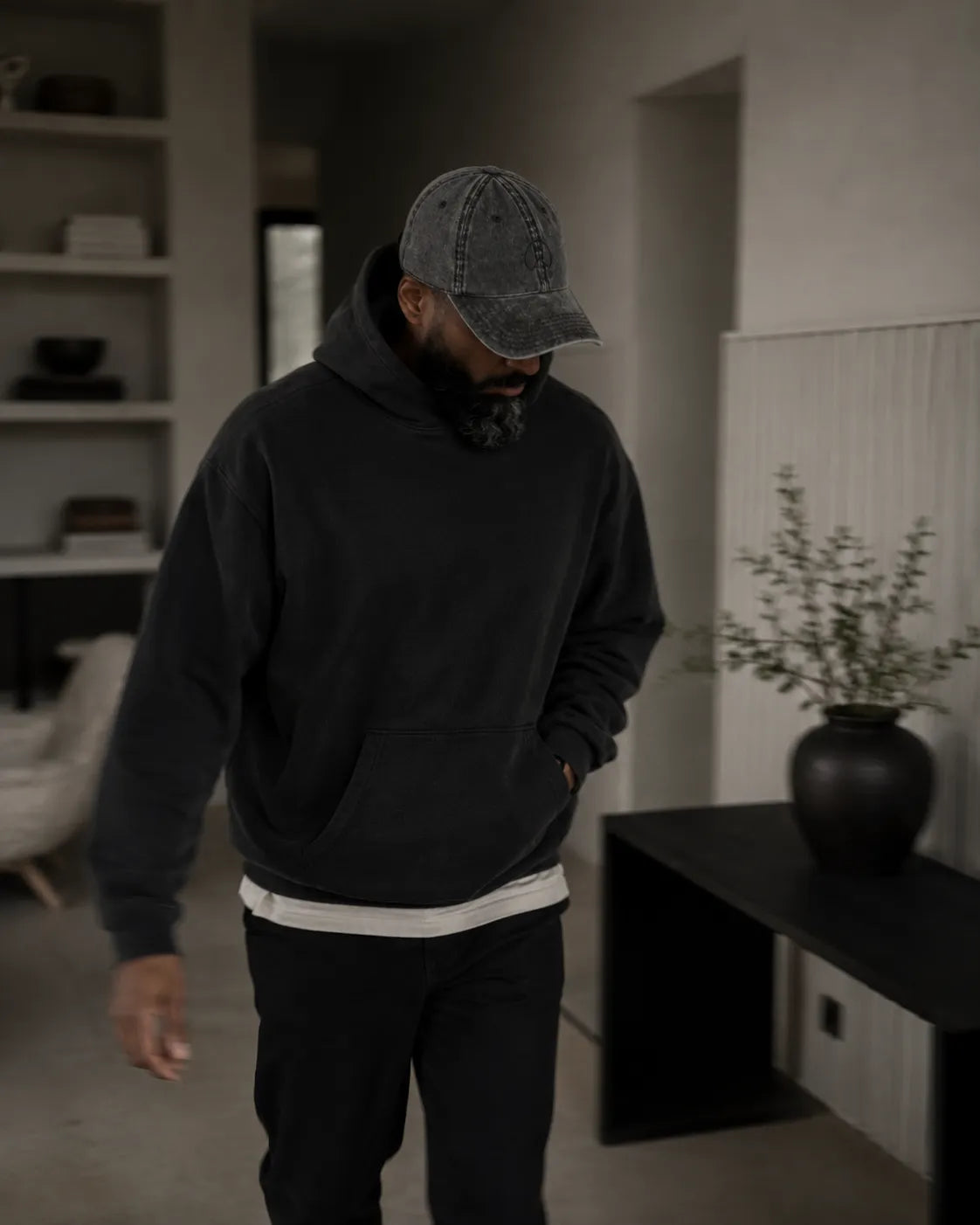 Relaxed monochrome styling featuring the BRTLS Charcoal Grey Presence Vintage Cap and premium casual wear