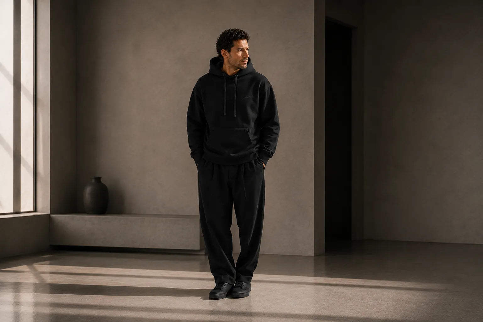 Man wearing the BRTLS Core Black Hoodie in a minimalist architectural interior, representing the everyday uniform of modern fatherhood.