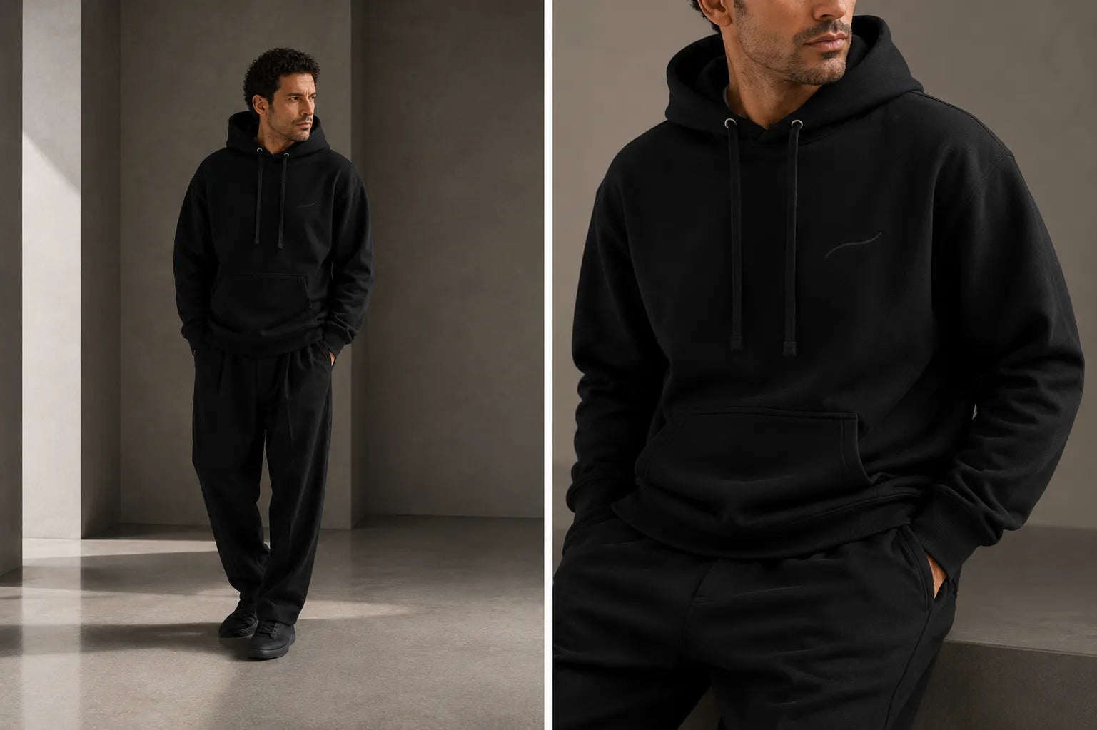 BRTLS Core Hoodie Black showcasing relaxed tailored fit, heavyweight comfort and structured everyday silhouette