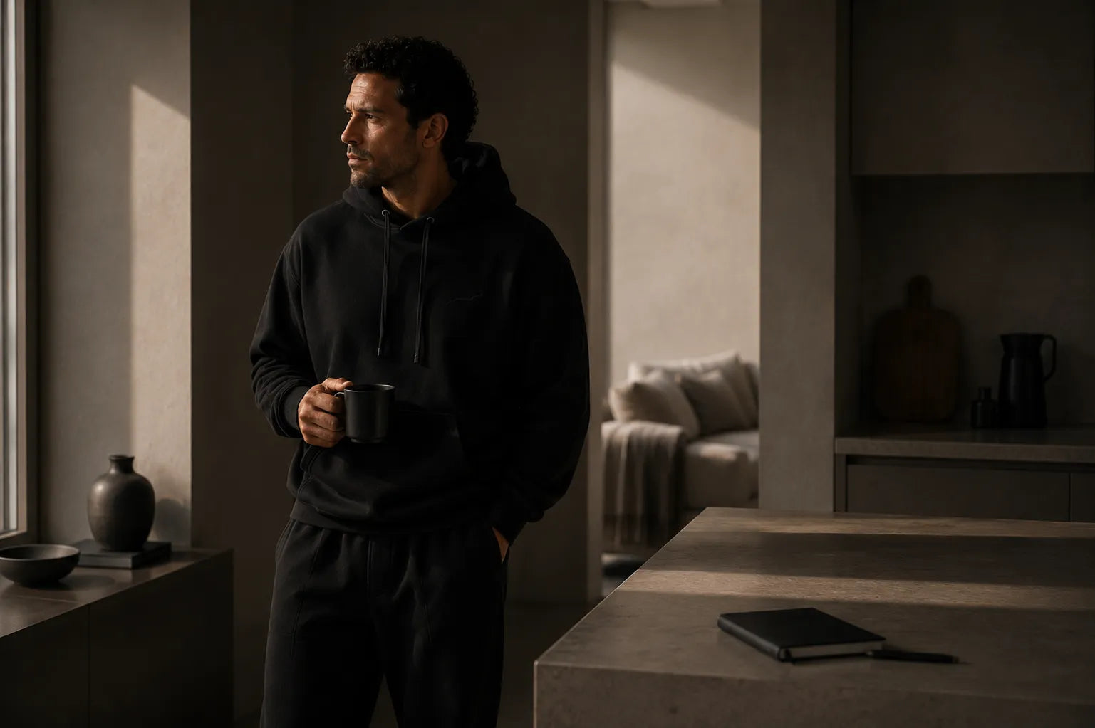 Man in a black BRTLS Core Hoodie in a warm minimalist interior that exudes calm, focus, and modern fatherhood.