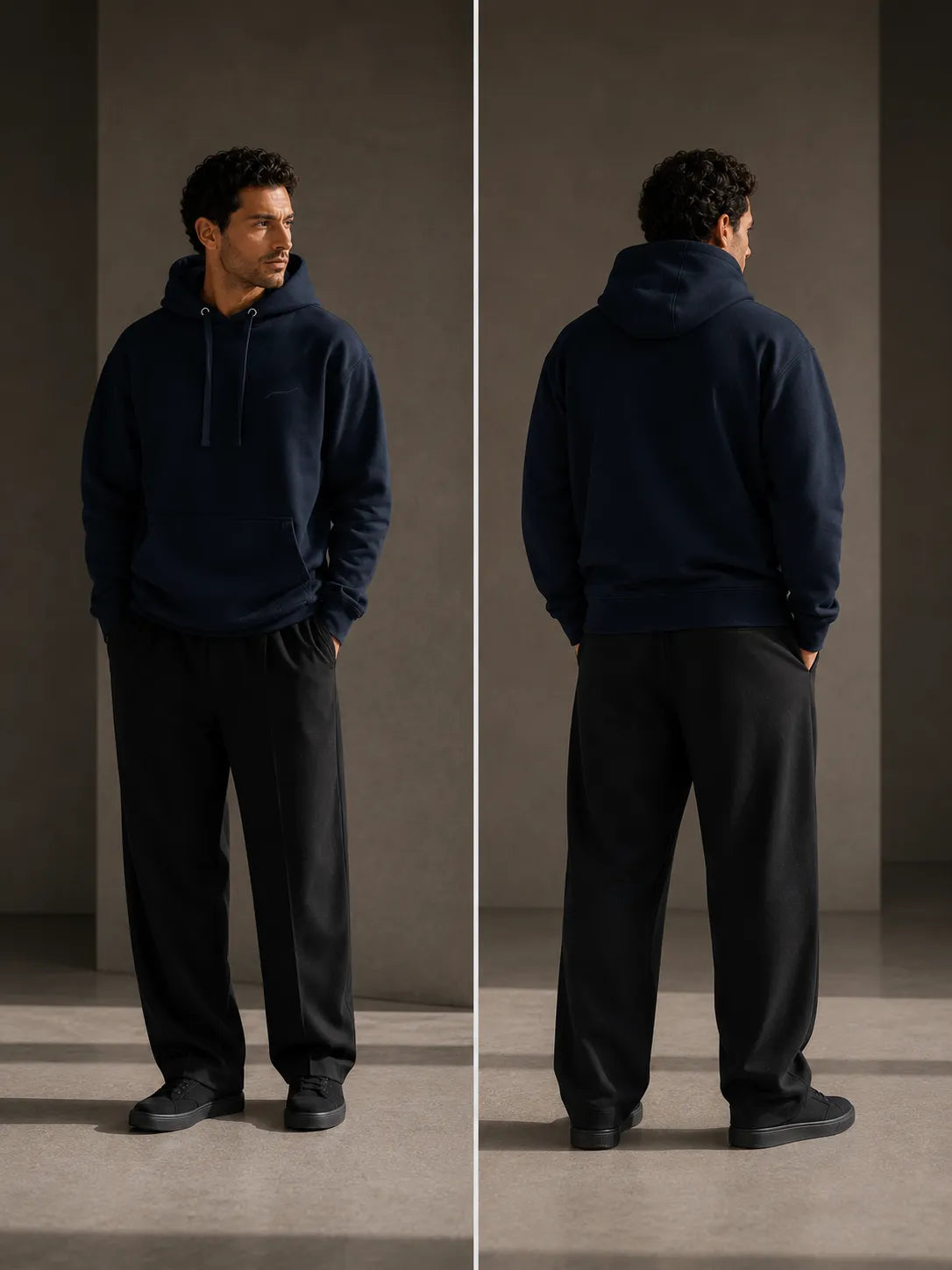 Front and back fit view of the BRTLS Core Navy Hoodie showcasing its relaxed modern silhouette