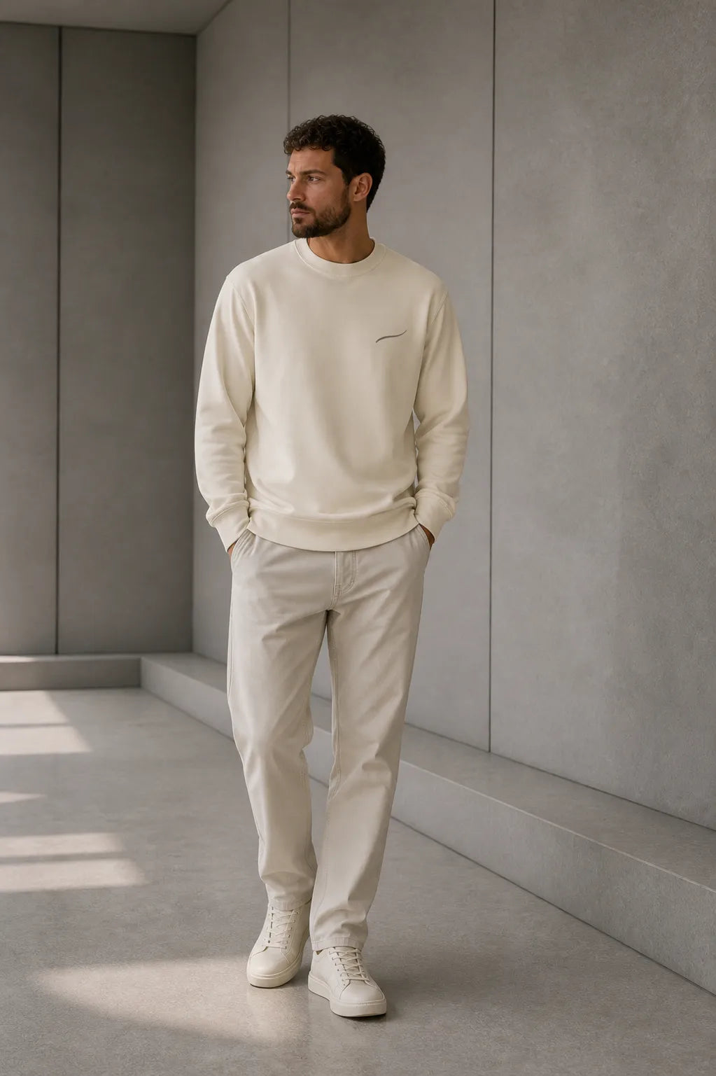 Man wearing the BRTLS Core Sweatshirt Bone in a minimalist architectural setting, showcasing premium everyday comfort and refined Scandinavian design.