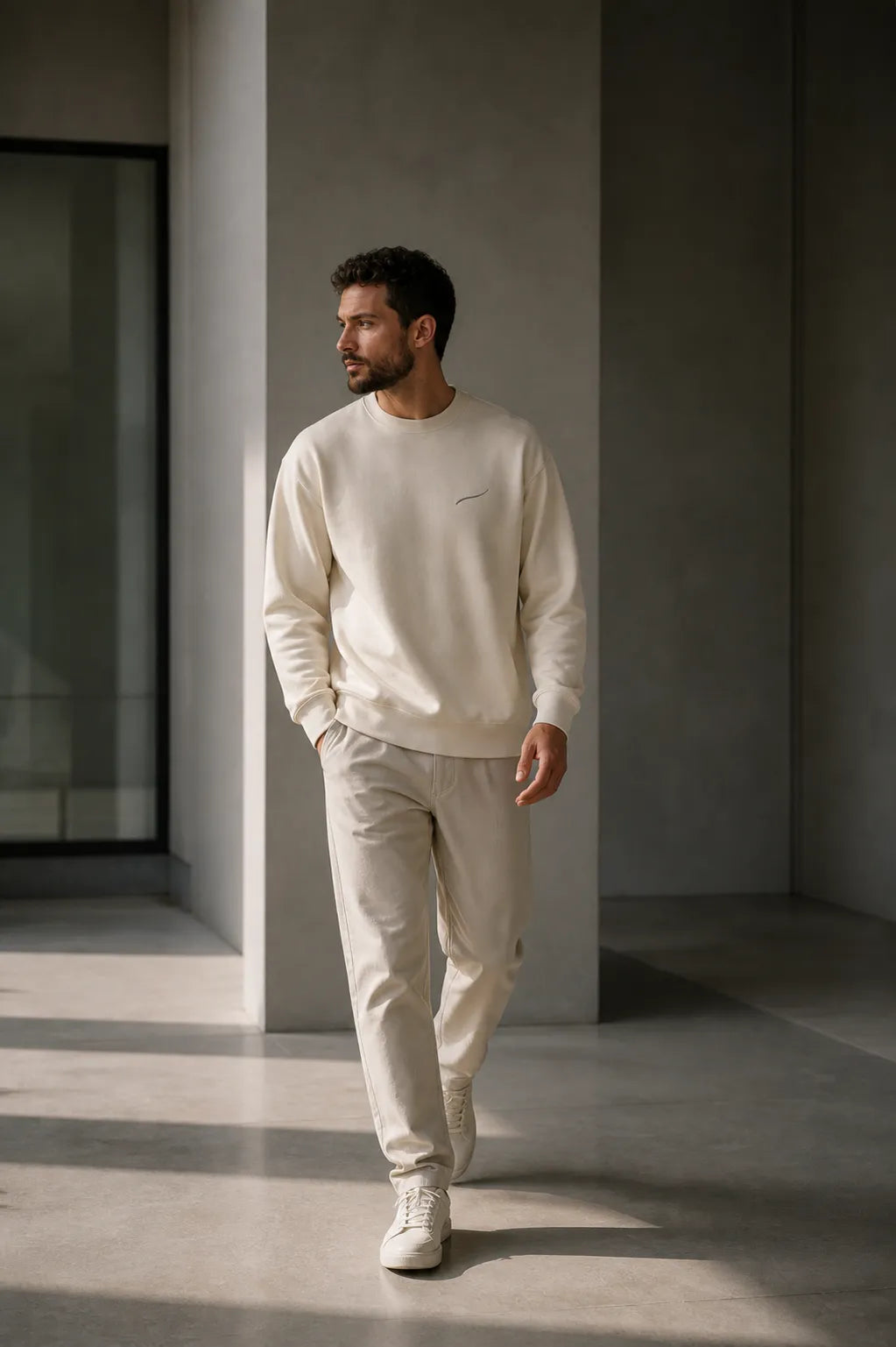 Man walking in the BRTLS Core Sweatshirt Bone, demonstrating everyday versatility, comfort and timeless minimalist style.