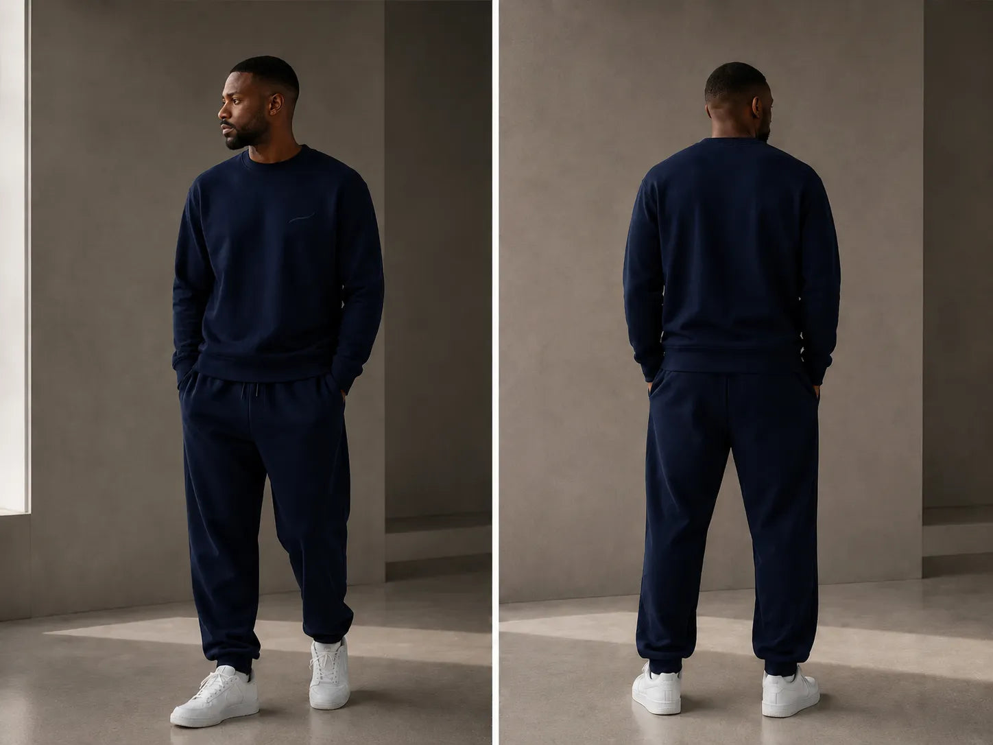 BRTLS Core Sweatshirt Navy front and back view showing regular fit, premium heavyweight cotton fleece construction and minimalist fatherhood apparel design.