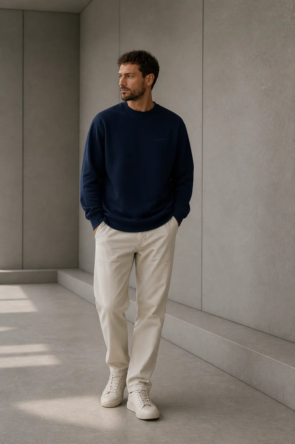 Man wearing the BRTLS Core Sweatshirt Navy in a minimalist architectural interior, showcasing the premium heavyweight crewneck fit.