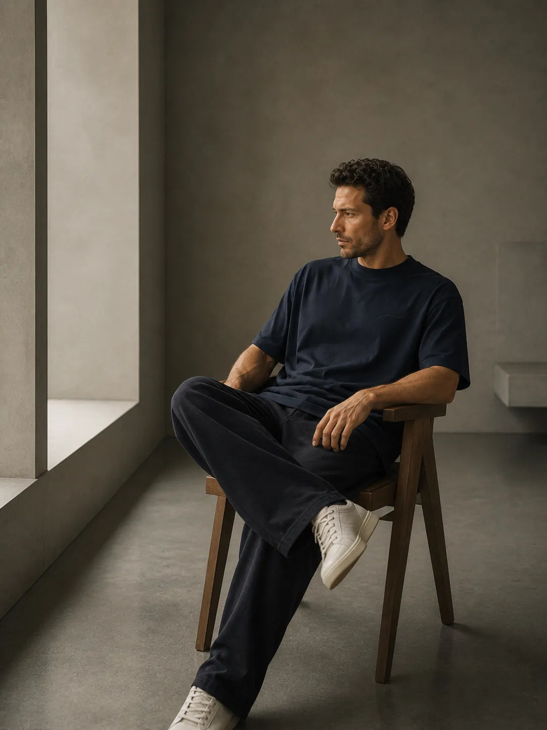Editorial lifestyle portrait featuring the BRTLS Core Tee Navy Blazer in a minimalist interior, expressing calm confidence and intentional living.