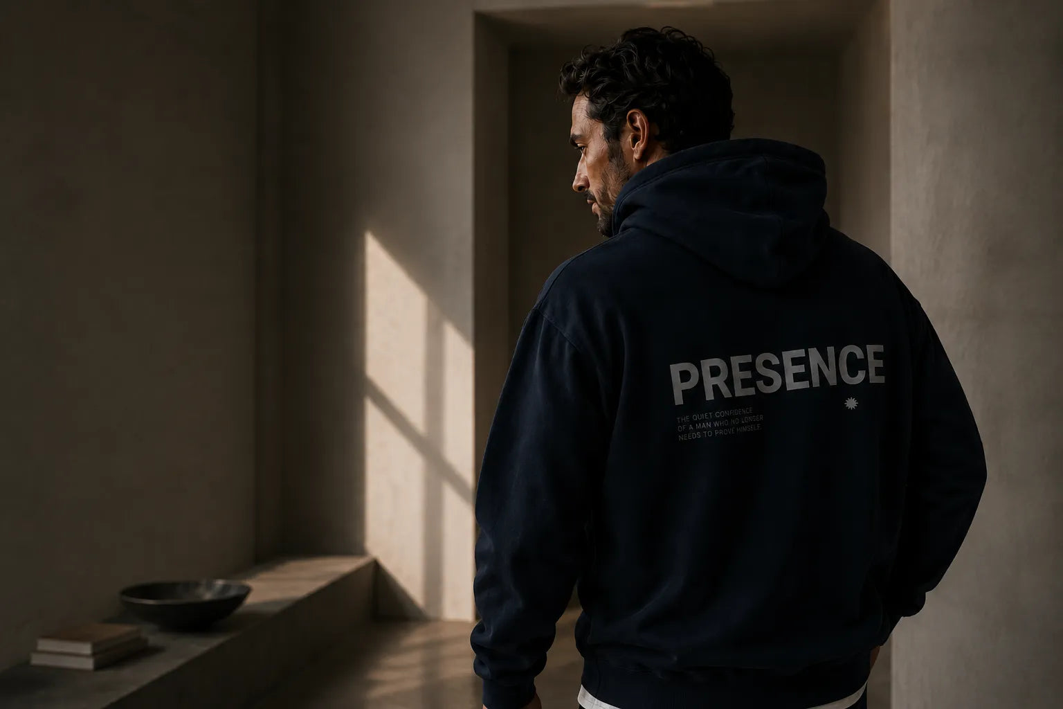 Modern man wearing a navy oversized hoodie in a minimalist Scandinavian interior for the BRTLS Expressions Collection