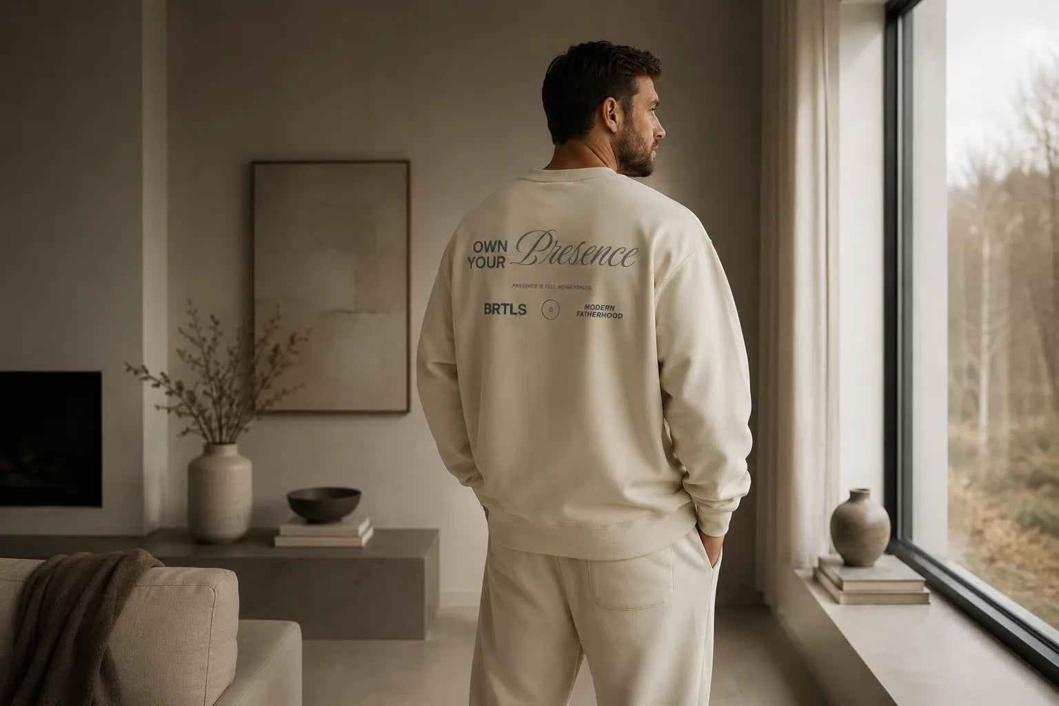 Modern man wearing the BRTLS Expressions cream sweatshirt in a minimalist Scandinavian interior with soft natural light